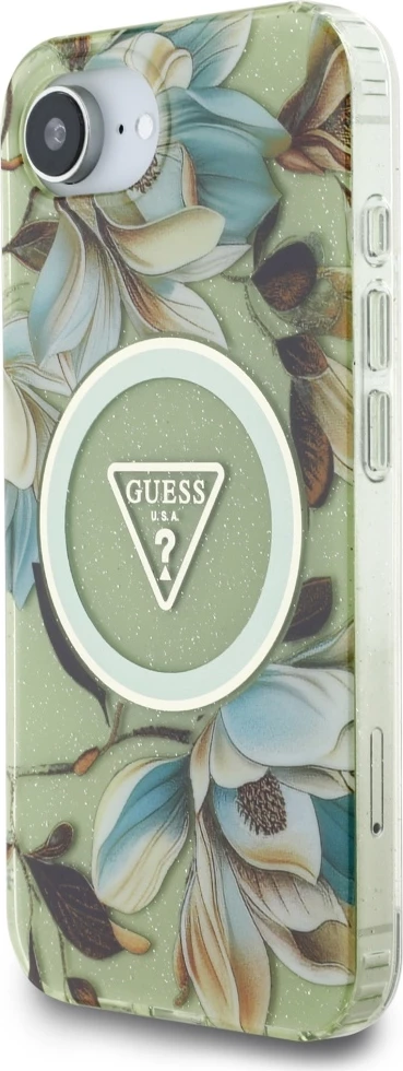 Mbështjellës Guess IML Metal Glitter Flowers Triangle MagSafe për iPhone 16e, Gjelbër