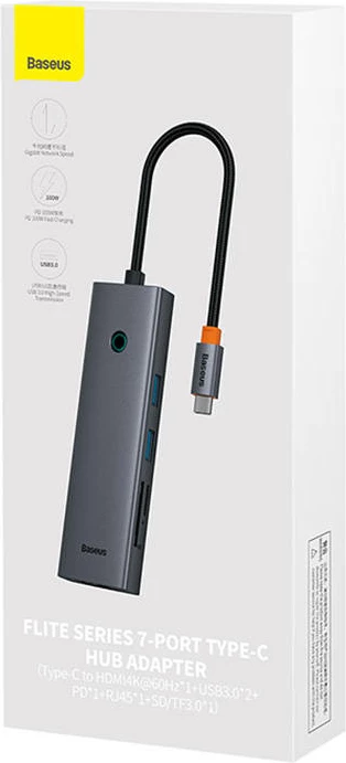 Hub USB-C 7-në-1, Baseus UltraJoy B00052805813-00, HDMI 4K@60Hz, 2x USB 3.0 5Gbps, RJ45 1Gbps, SD/TF, PD 100W, gri