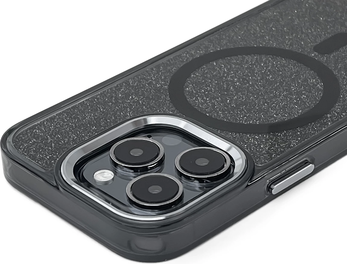 Mbështjellës Hurtel Glitter Case MagSafe për iPhone 16, i zi me shkëlqim