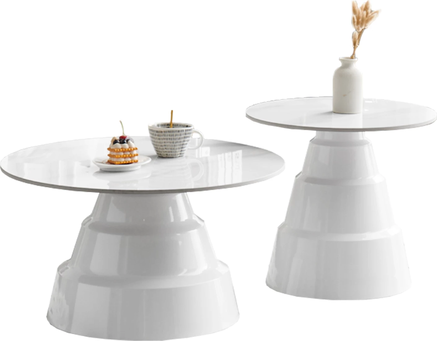 Set 2 tavolina kafeje LIDOX, sipërfaqe dhe bazë prej guri të sinterizuar, të bardha, FH18306.01, Φ50cm & Φ70cm