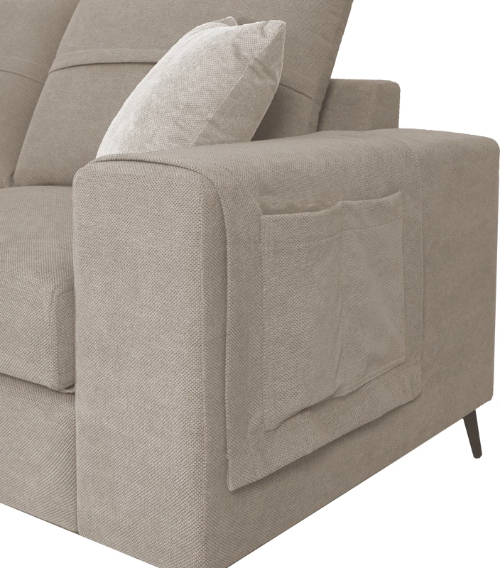 Kënd divani Montana, ngjyrë gri-bezhë, pëlhurë, jastëkë gri të lehtë, 275x215x93cm