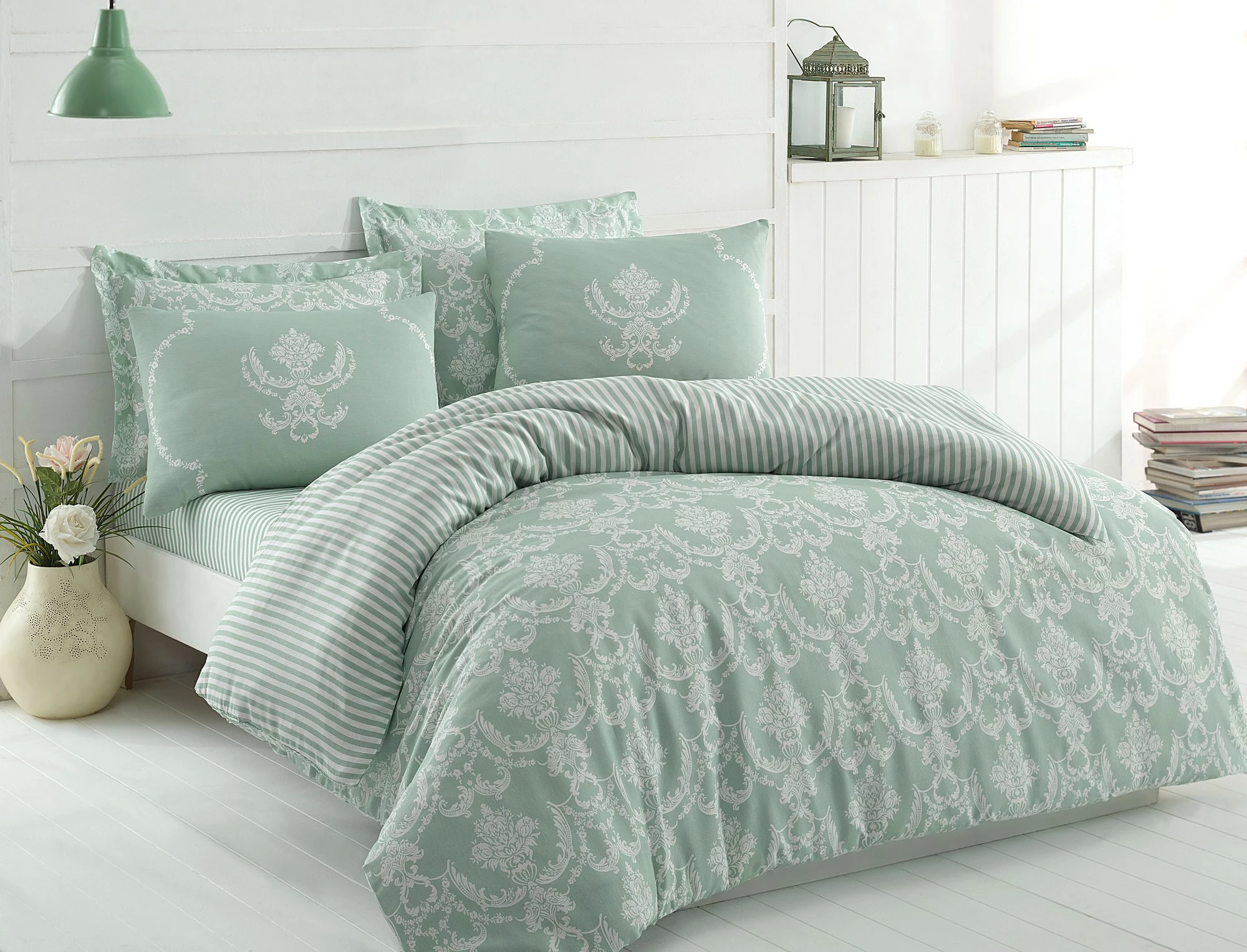 Set mbulesë për jorgan dopio, ngjyrë jeshile deti dhe e bardhë, L'Essentiel Linge de Maison, Pure