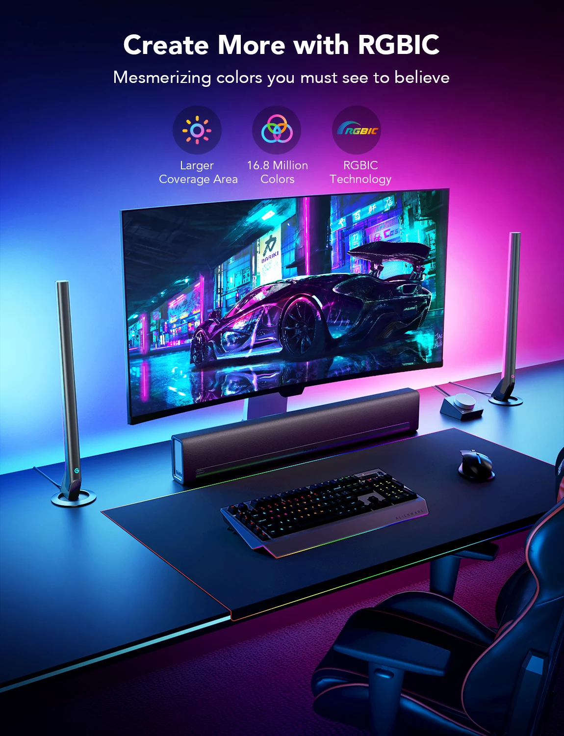 Shufra ndriçimi gaming Govee RGBIC Gaming Light Bars Wi‑Fi/Bluetooth, me kontrollor smart, set 2 copë, e zezë