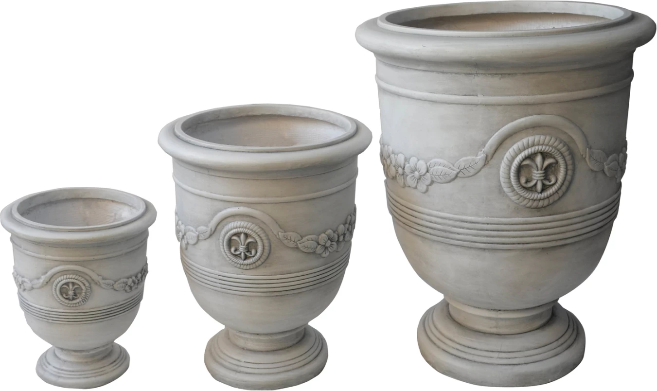 Set vazo për lule, dizajn reliev, FiberClay, ngjyrë e bardhë e zbehtë, 3 copë, FH4729, (Φ58x72.5Hcm)