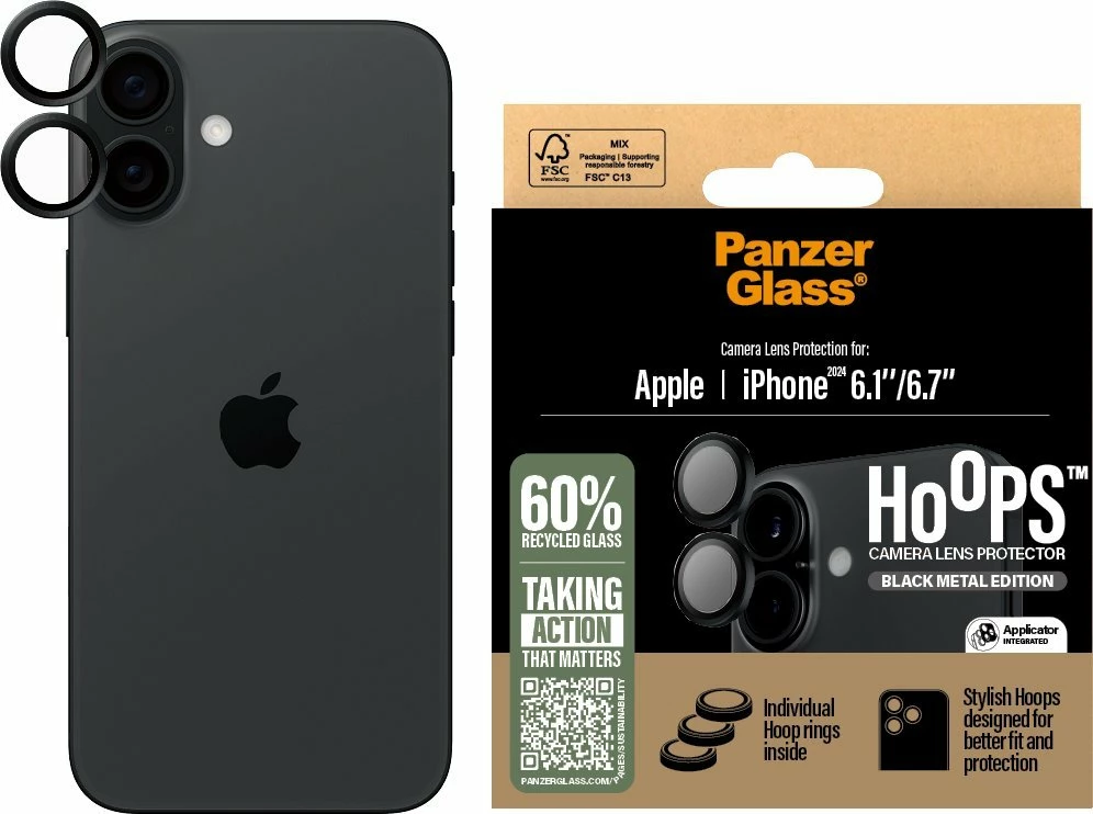Mbrojtës lente kamere PanzerGlass Hoops 1283 për iPhone 16 / 16 Plus 6.1\"/6.7\", i zi, set
