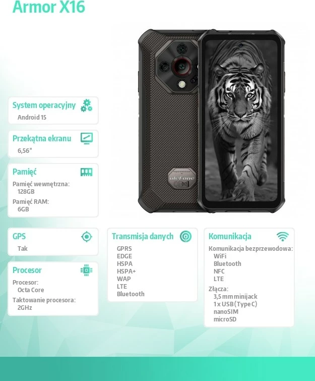 Celular Ulefone Armor X16 4G 6GB/128GB 6.56\" 90Hz IP69K, i zi, set me aksesorë