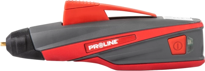 Pistoletë ngjitëse me bateri PROLINE 42919, 10W 3.6V USB, për shkopinj silikoni 7/8mm, me buton On/Off, set me 3 shkopinj, e kuqe/zezë