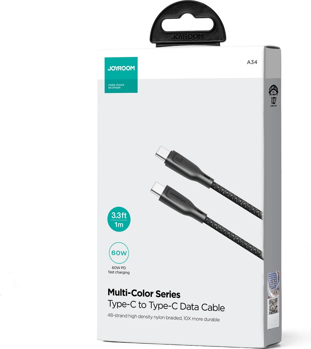 Kabllo USB-C në USB-C Joyroom Multi-Color Series S-A34, 1m, 60W, e zezë