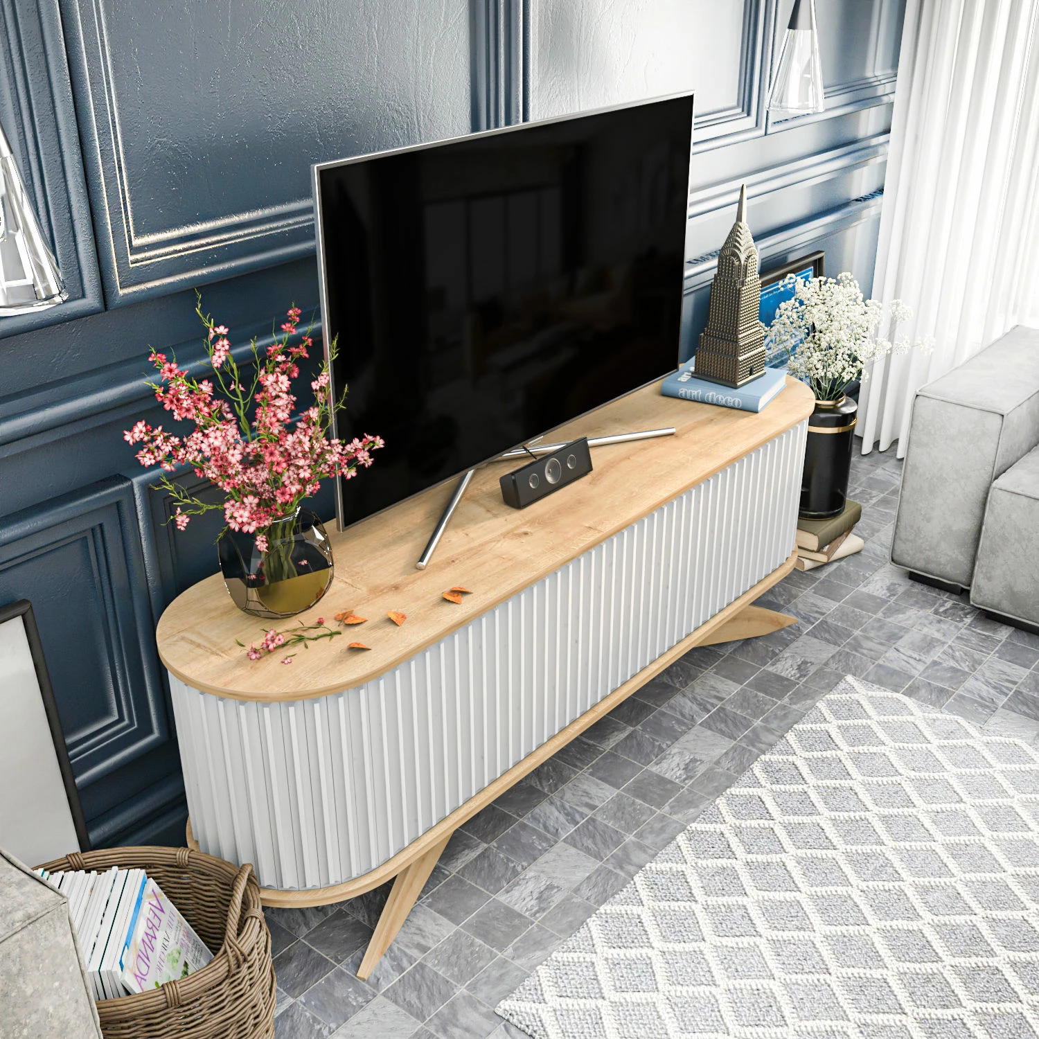 Komodë TV Hanah Home, ngjyrë safir dhe e bardhë, Stor