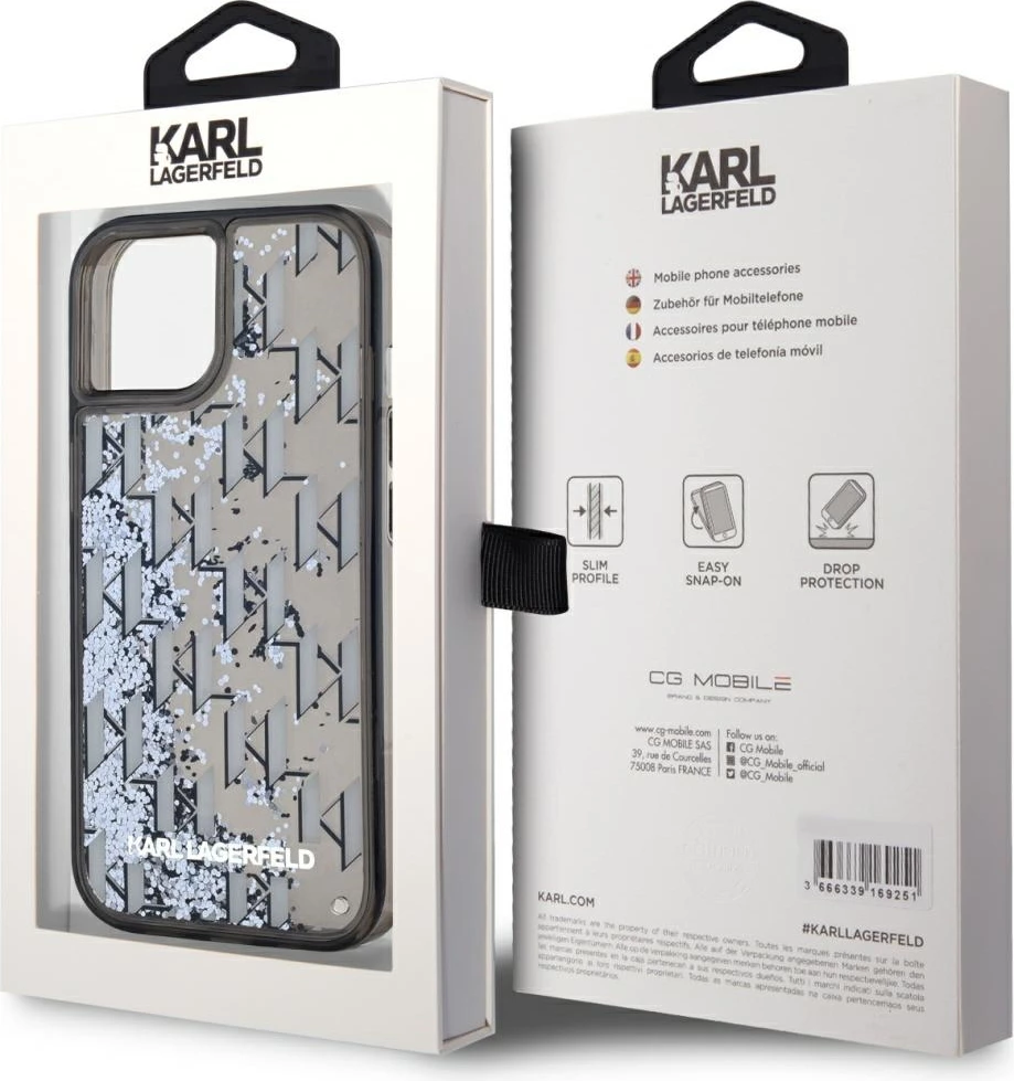 Mbështjellës Karl Lagerfeld Liquide Glitter Monogram Gradient për iPhone 15, i zi