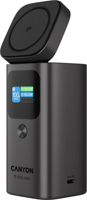 Power bank magnetik Qi2 CANYON OnPower 150 15000mAh 100W, alumin, gri e errët