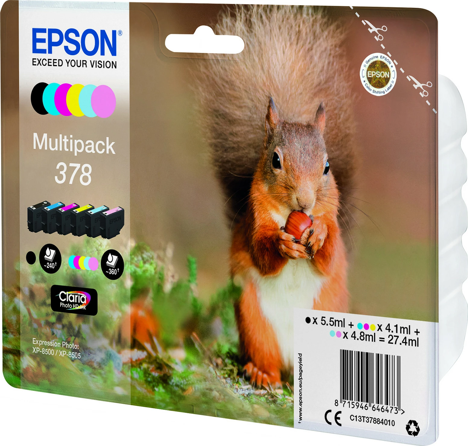 Kartrixhe boje Epson 378 Claria Photo HD, multipack 6 ngjyra, Standard Yield, për Expression Photo XP-8500/XP-8505 dhe XP-15000, shumëngjyrëshe