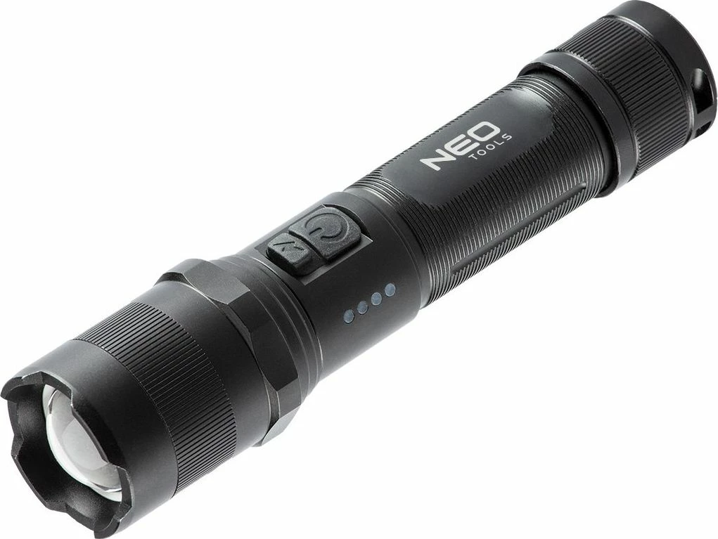 Elektrik dore Neo 99-035, 1000 lm, LED OSRAM P9, rikarikueshëm USB, bateri 2200 mAh, me zoom, e zezë, set me kabllo USB