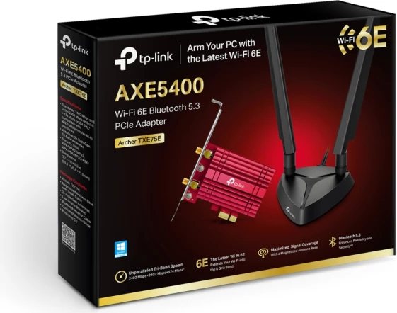 Adapter PCIe Wi‑Fi 6E TP-LINK Archer TXE75E AXE5400, Bluetooth 5.3, kuqe/zi