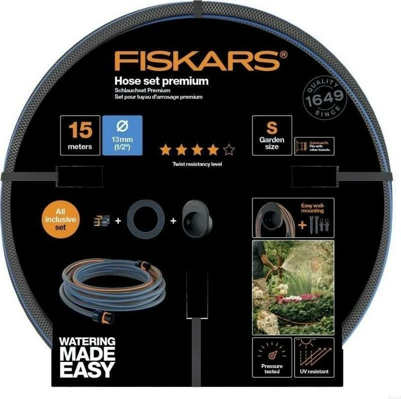 Set zorre kopshti Fiskars Hose Set Premium FS1027678, 15 m, 1/2\" (13 mm), me mbajtëse muri