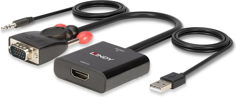 Konverter LINDY VGA + Audio në HDMI, me USB furnizim, i zi