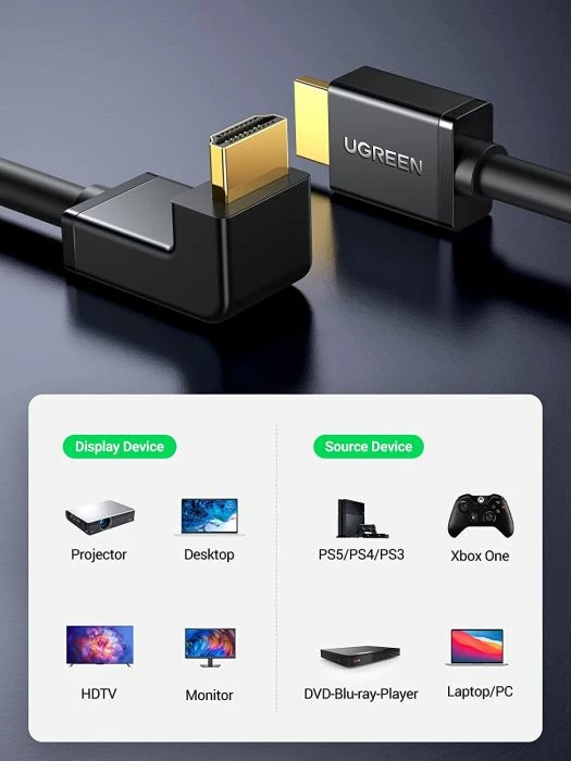 kabllo HDMI këndore UGREEN 10172, 4K/60Hz, 1m, e zezë