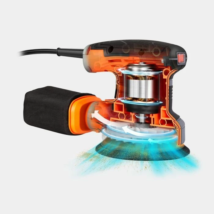 Lëmues ekscentrik VonHaus 3500323, 300 W, disk 125 mm, 6 shpejtësi 7,000–14,000 rpm, kabllo 3 m, me 12 letra zmerile + 2 thasë pluhuri, zi/portokalli/gri