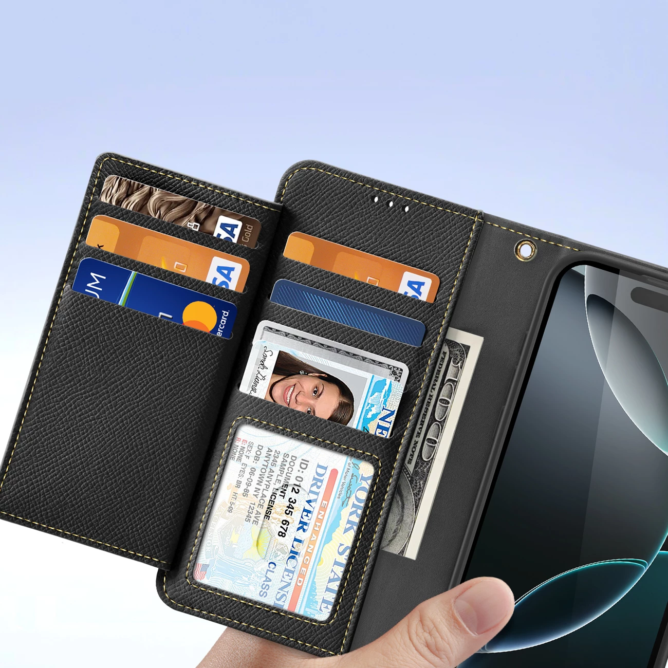 Mbështjellës Dux Ducis Lawa për iPhone 16 Pro Max, lëkurë, me portofol magnetik, i zi