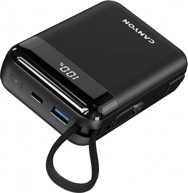 Power bank CANYON OnPower 204 20000 mAh 22.5 W, kabllo e integrume USB-C/Lightning, e zezë