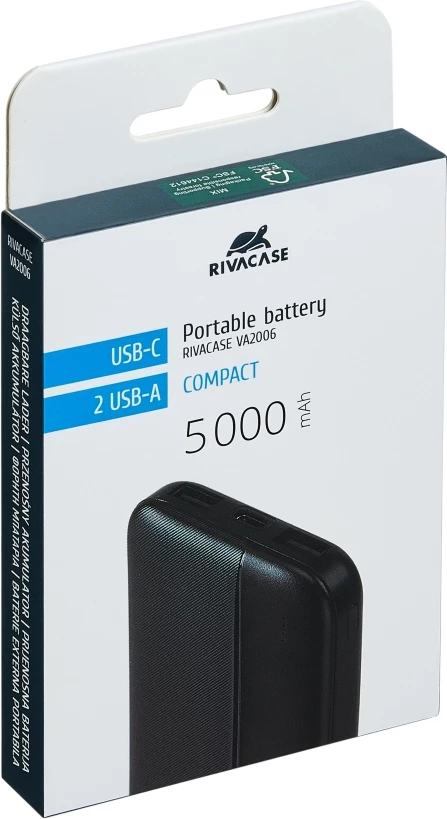 Powerbank RIVACASE VA2006 5000 mAh 10W 2x USB-A USB-C hyrje airplane friendly, e zezë