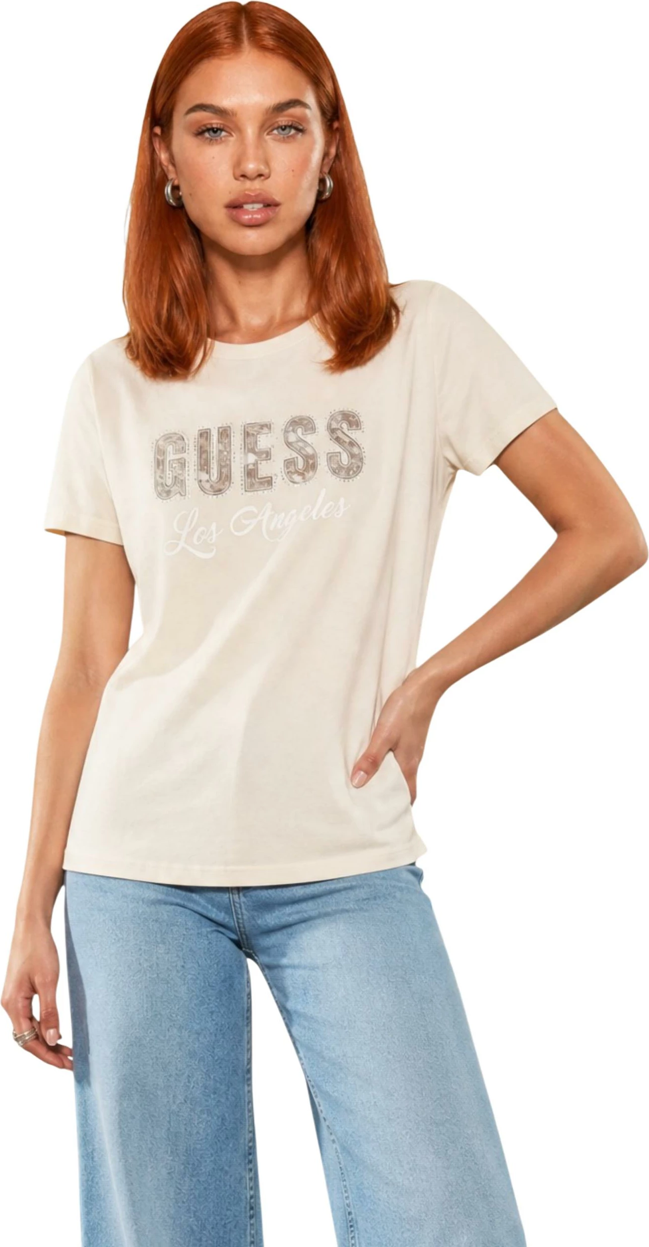 Maicë për femra Guess SS CN Snake Script R W6YI30 K4349, bezhë e hapur