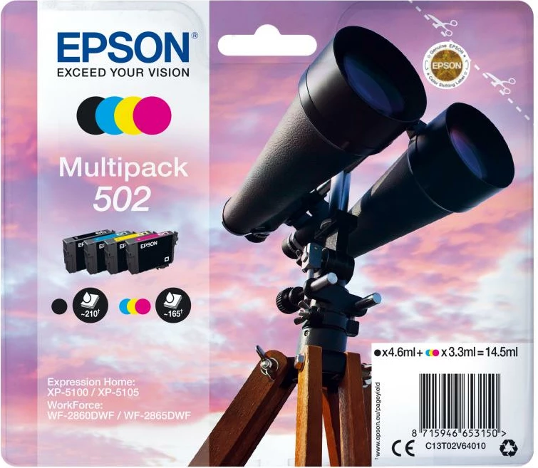 Kartush boje, Epson, 502 Multipack (C13T02V64010), 4-ngjyra CMYK, set 4 copë, e zezë/cyan/magenta/e verdhë