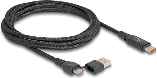 Kabll USB DeLOCK USB-A/USB-C në USB-C, PD 3.1 140W, 1.2m, me ekran, i zi