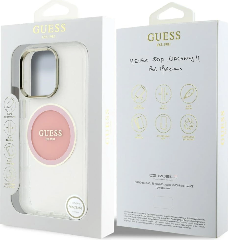 Mbështjellës Guess IML Metal Colored Circle Classic Logo MagSafe për iPhone 16 Pro Max, rozë