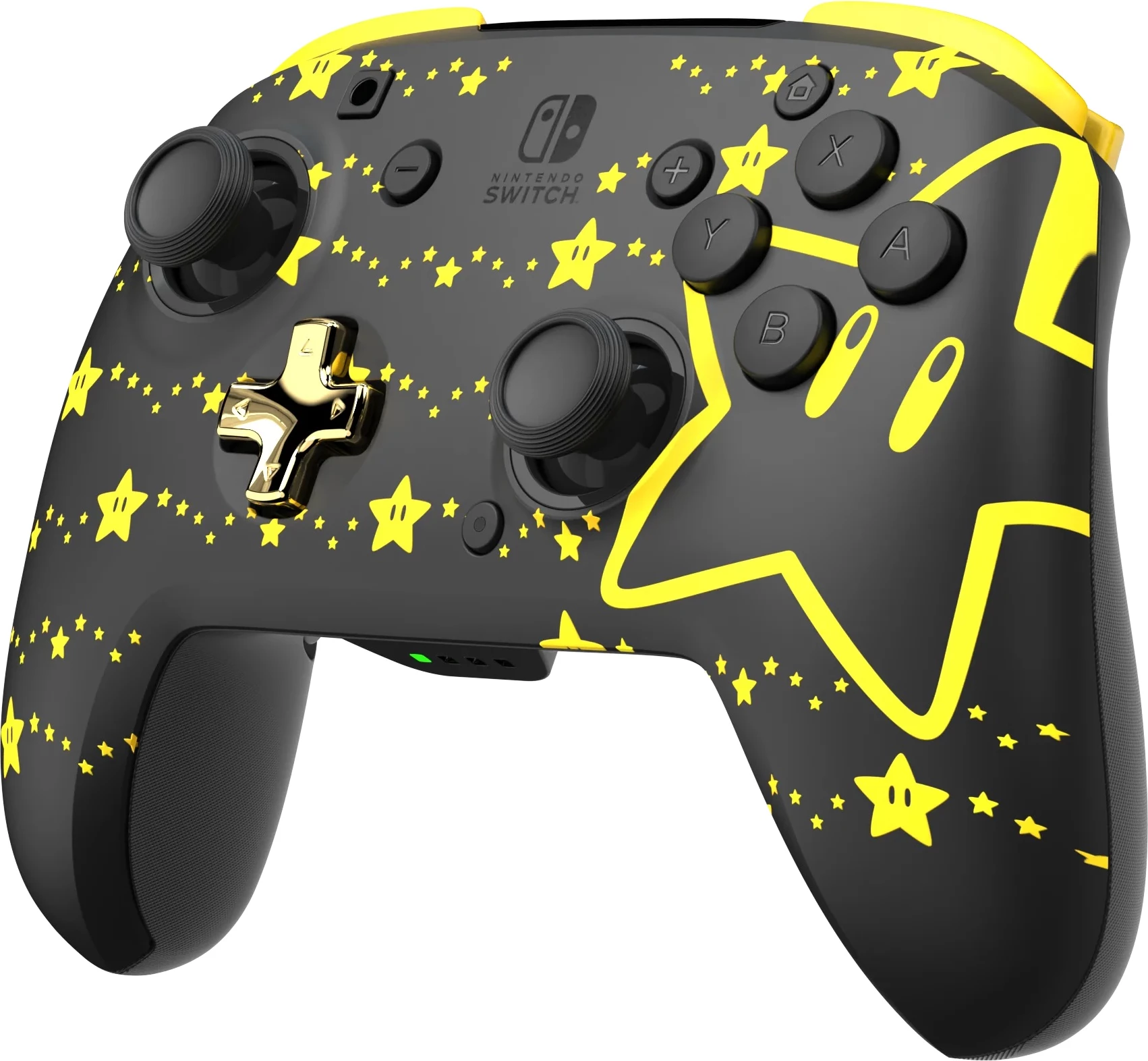 Kontroller pa tela PDP REMATCH GLOW Super Star për Nintendo Switch, bateri 40 orë, butona mbrapa të programueshëm, glow-in-the-dark, i zi/verdhe