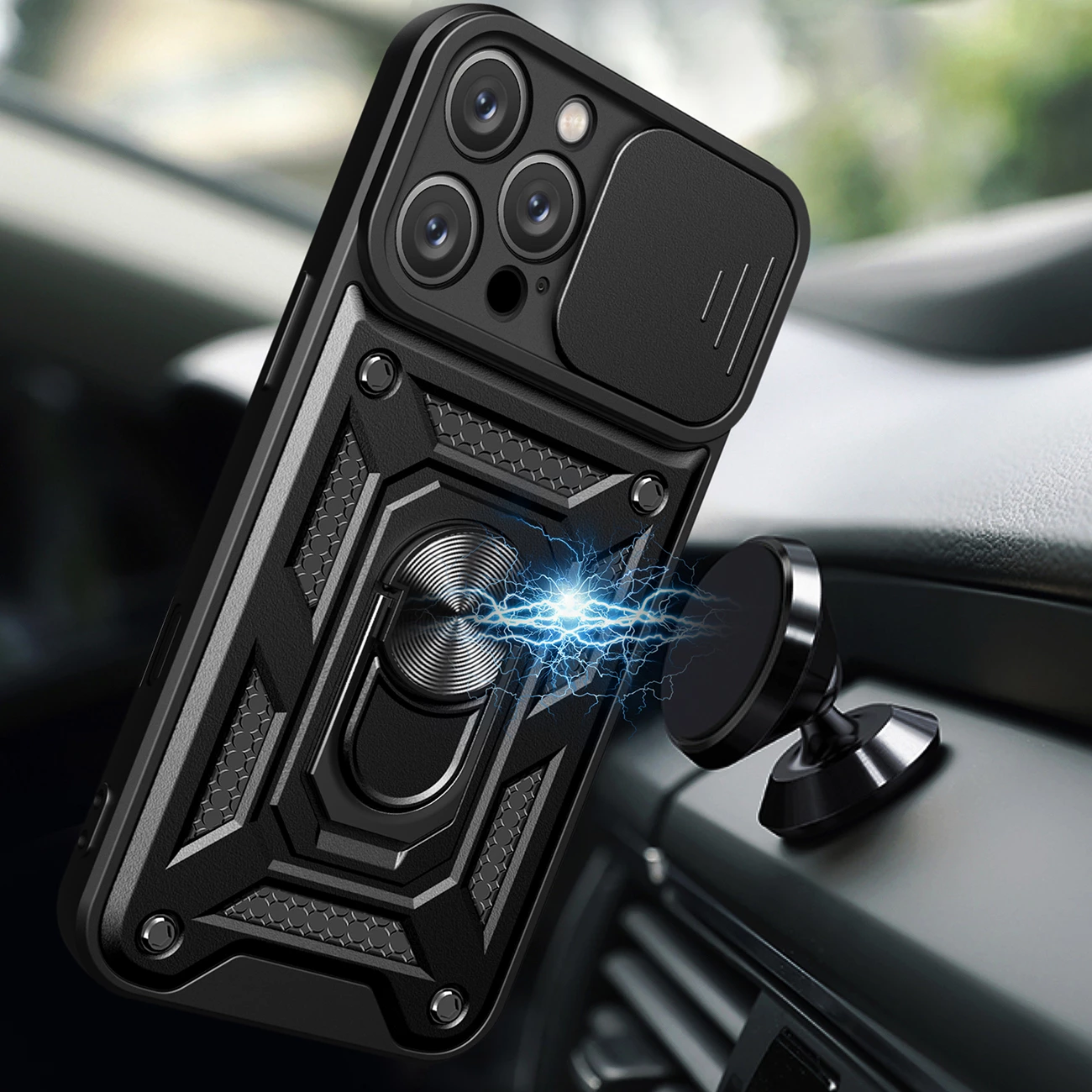 Mbështjellës Hurtel Hybrid Armor Camshield për iPhone 16 Pro, me kapak kamere dhe qëndrim, zi