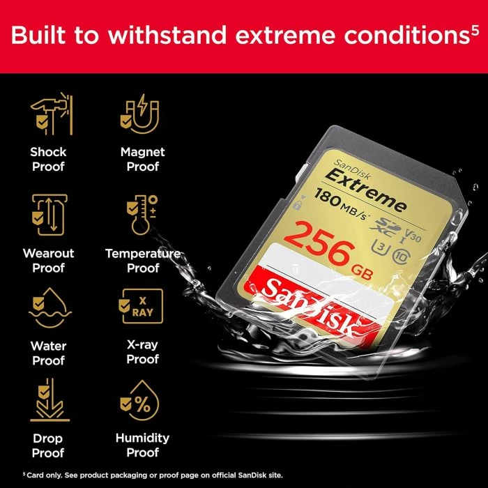 Kartelë memorje SD SanDisk Extreme PLUS 256GB, UHS-I, 180MB/s leximi, 130MB/s shkrimi, e zezë/ari
