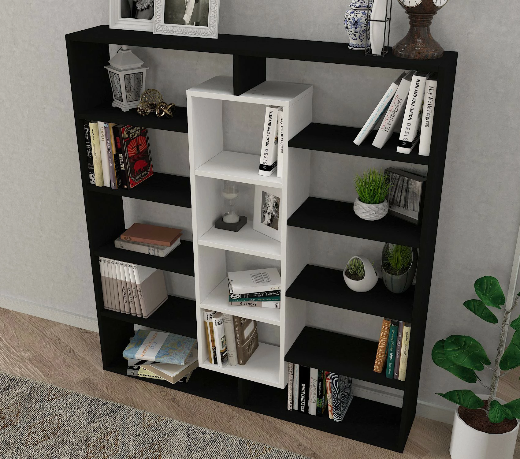 Raft librash Hanah Home, Ample, i zi dhe i bardhë