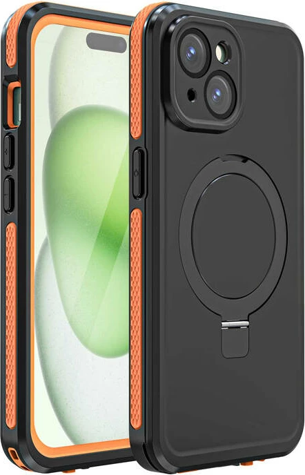 Mbështjellës i papërshkueshëm nga uji Telesin për iPhone 15, MagSafe, i zi-portokalli