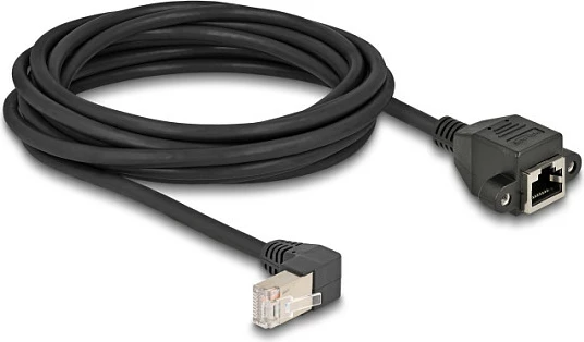 Kablë rrjeti DeLOCK Cat6a S/FTP RJ45 90° në RJ45 femër me montim paneli, 5 m, e zezë