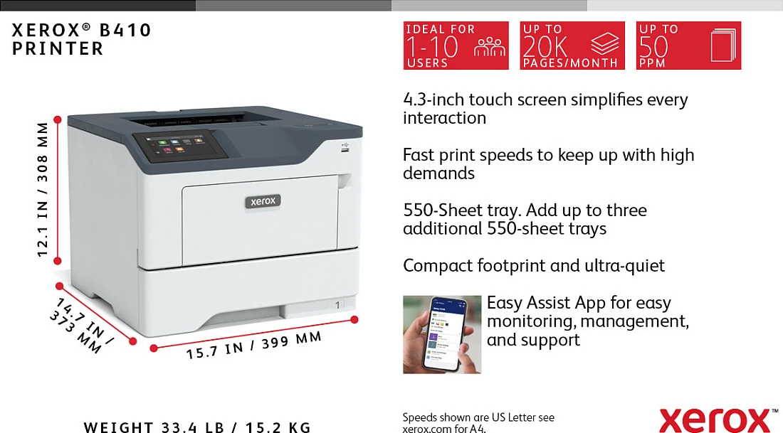 Printer laser Xerox B410, A4, 47ppm, duplex, 2 tabaka 650 fletë, 1200 x 2400 DPI, Ethernet, bardhë/gri