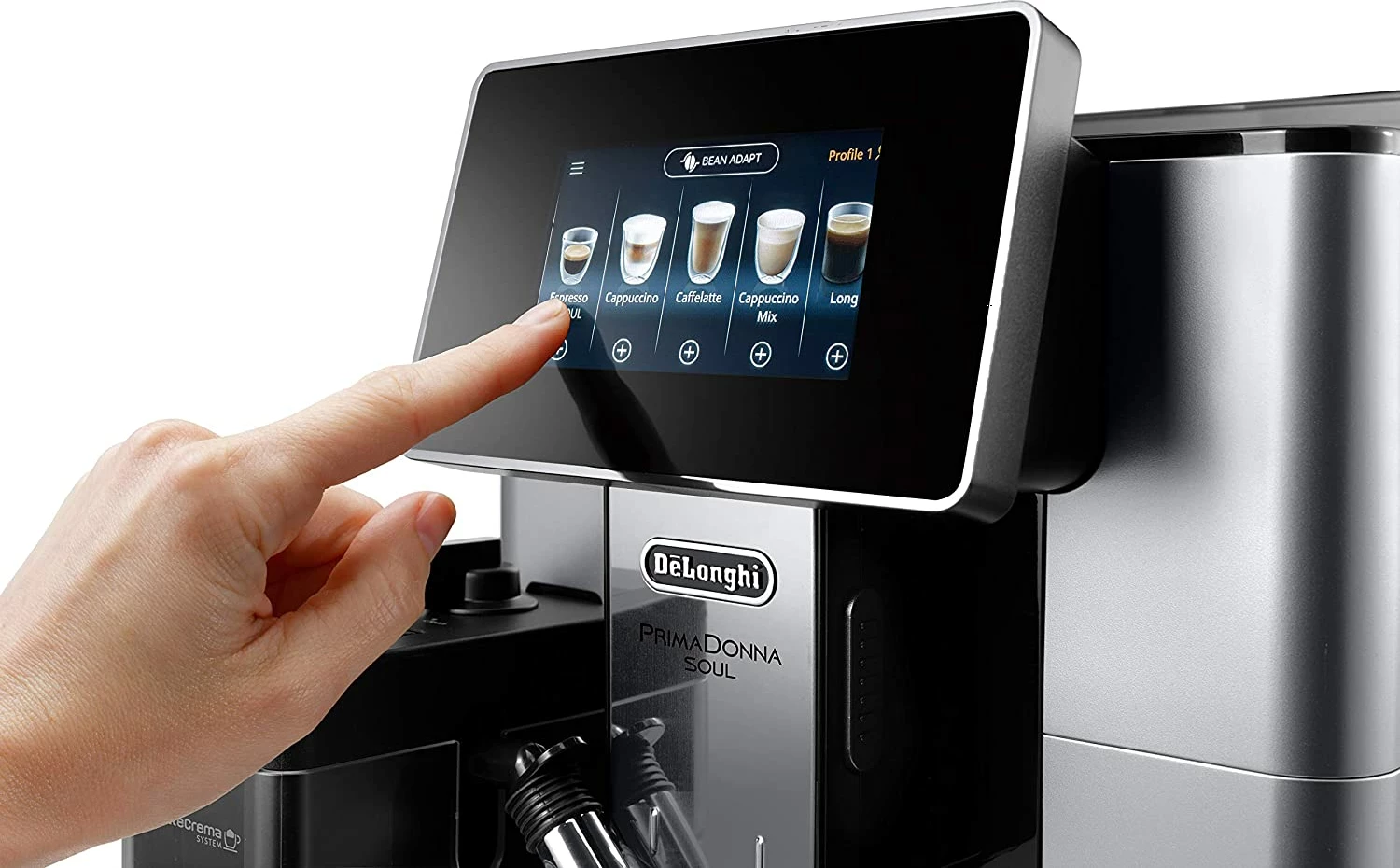 Makineri kafeje automatike, DeLonghi PrimaDonna Soul ECAM610.55.SB, 19 bar, rezervuar uji 2.2 L, kontejner kokrrash 500 g, ekran TFT me prekje, argjendtë