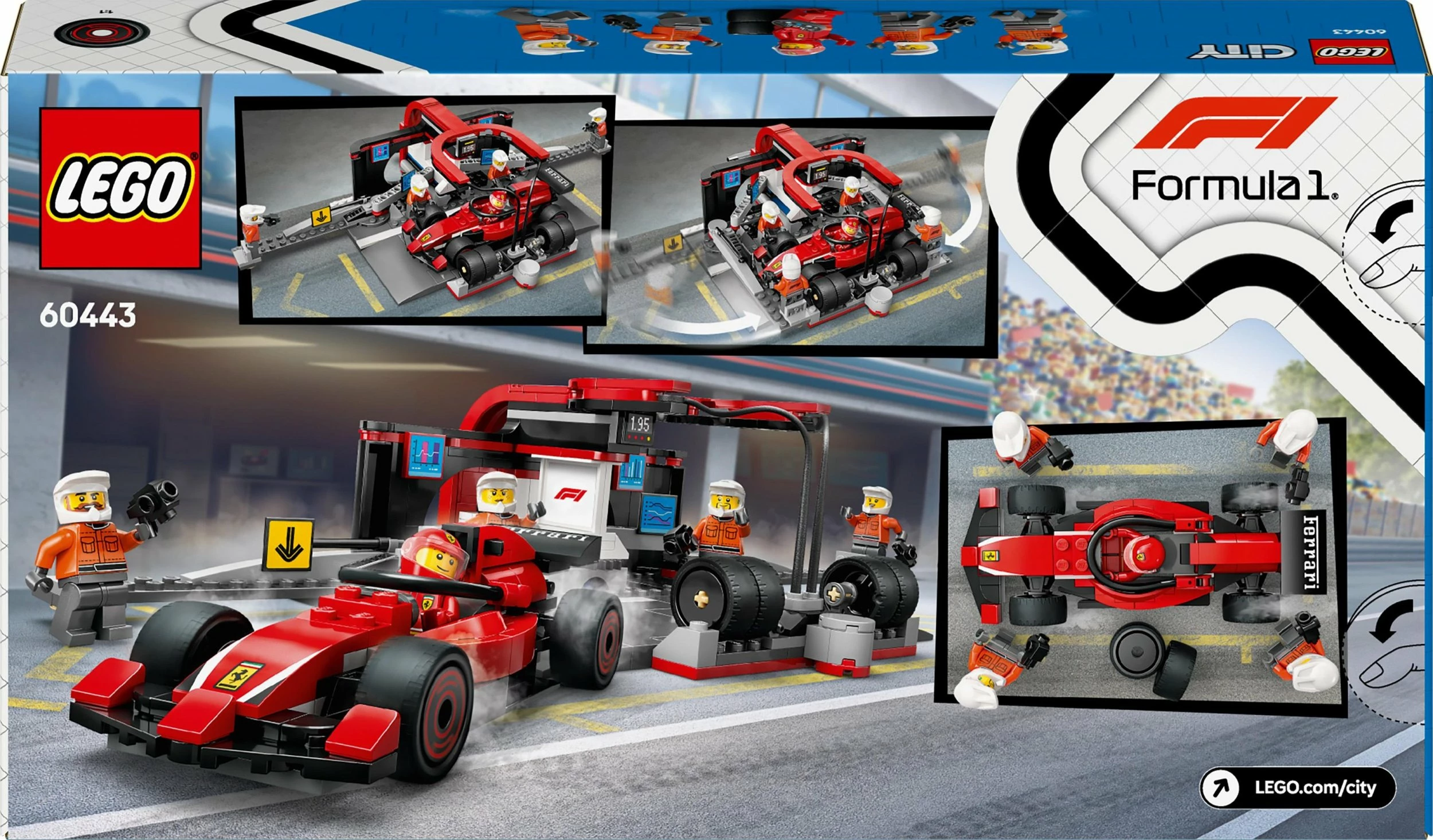 Set ndërtimi LEGO City F1 Pit Stop and Mechanics me Ferrari Car 60443, 322 copë