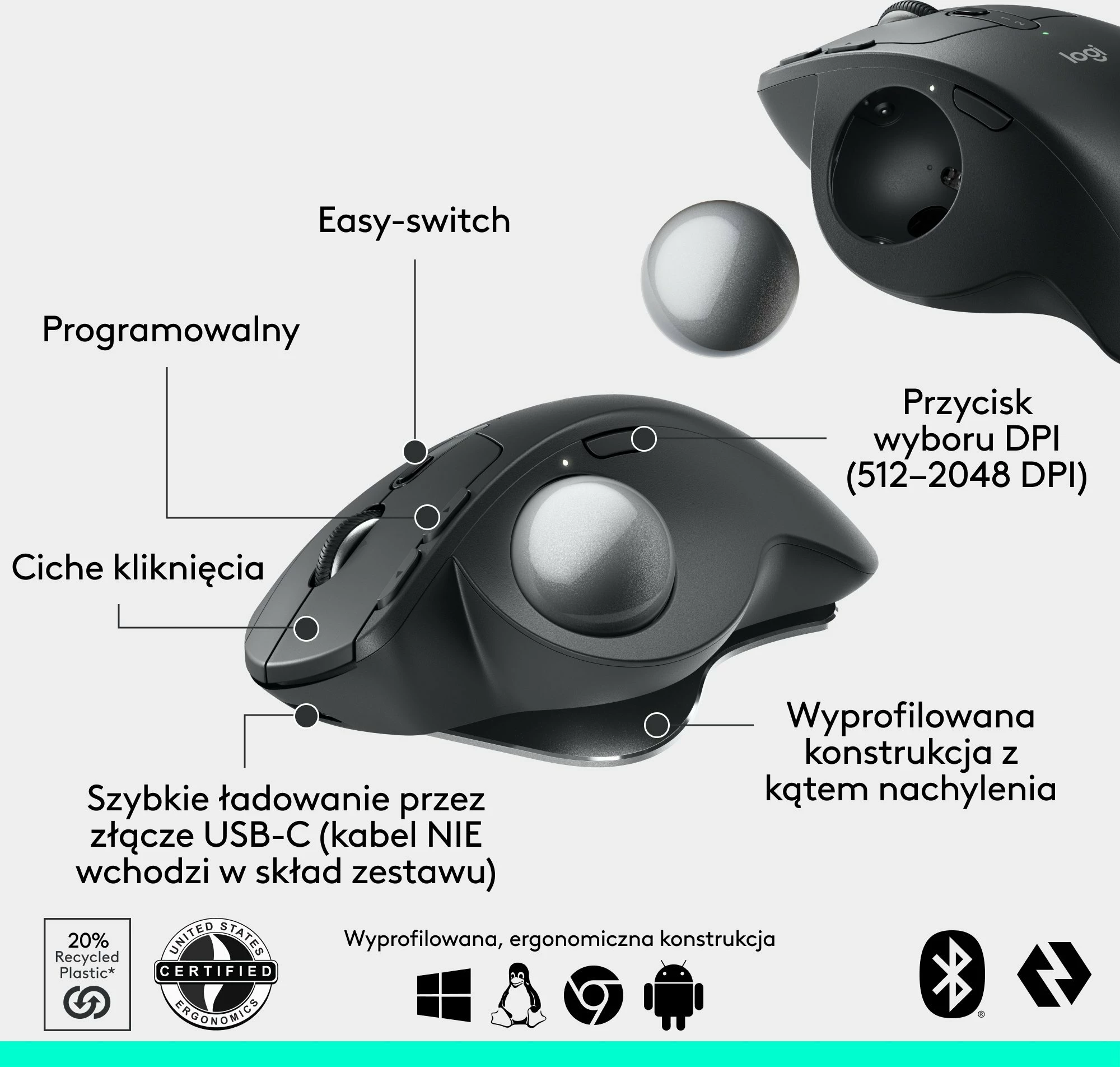 Maus Logitech MX Ergo S 910-007260 trackball wireless 2000 DPI me pjerrësi 20° me karikim USB-C, i zi