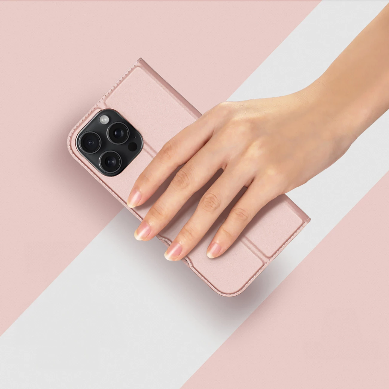 Mbështjellës Dux Ducis Skin Pro për iPhone 16 Pro Max, me kapak dhe xhep për kartela, Rozë