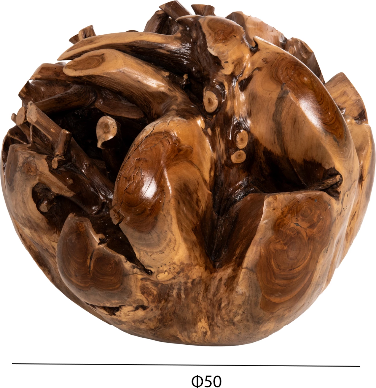 Dekor për dysheme CLEM, sferë prej druri teak masiv, madhësi e madhe Φ50cm