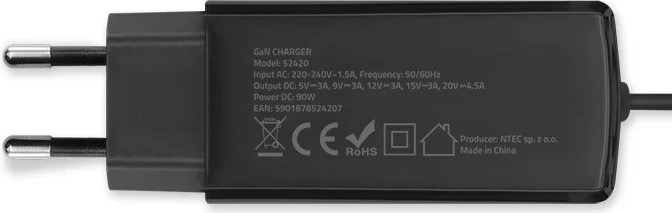 Karikues Qoltec 52420, 90W, GaN, USB-C 3.1, i zi