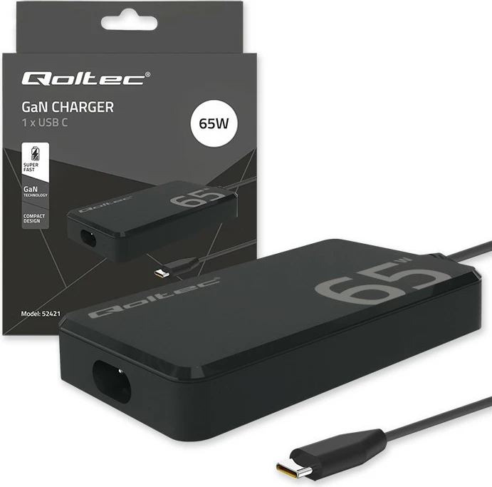 Karikues rrjeti Qoltec 65W GaN, USB-C 3.1, për laptop, MacBook, celular, i zi, me kabllo