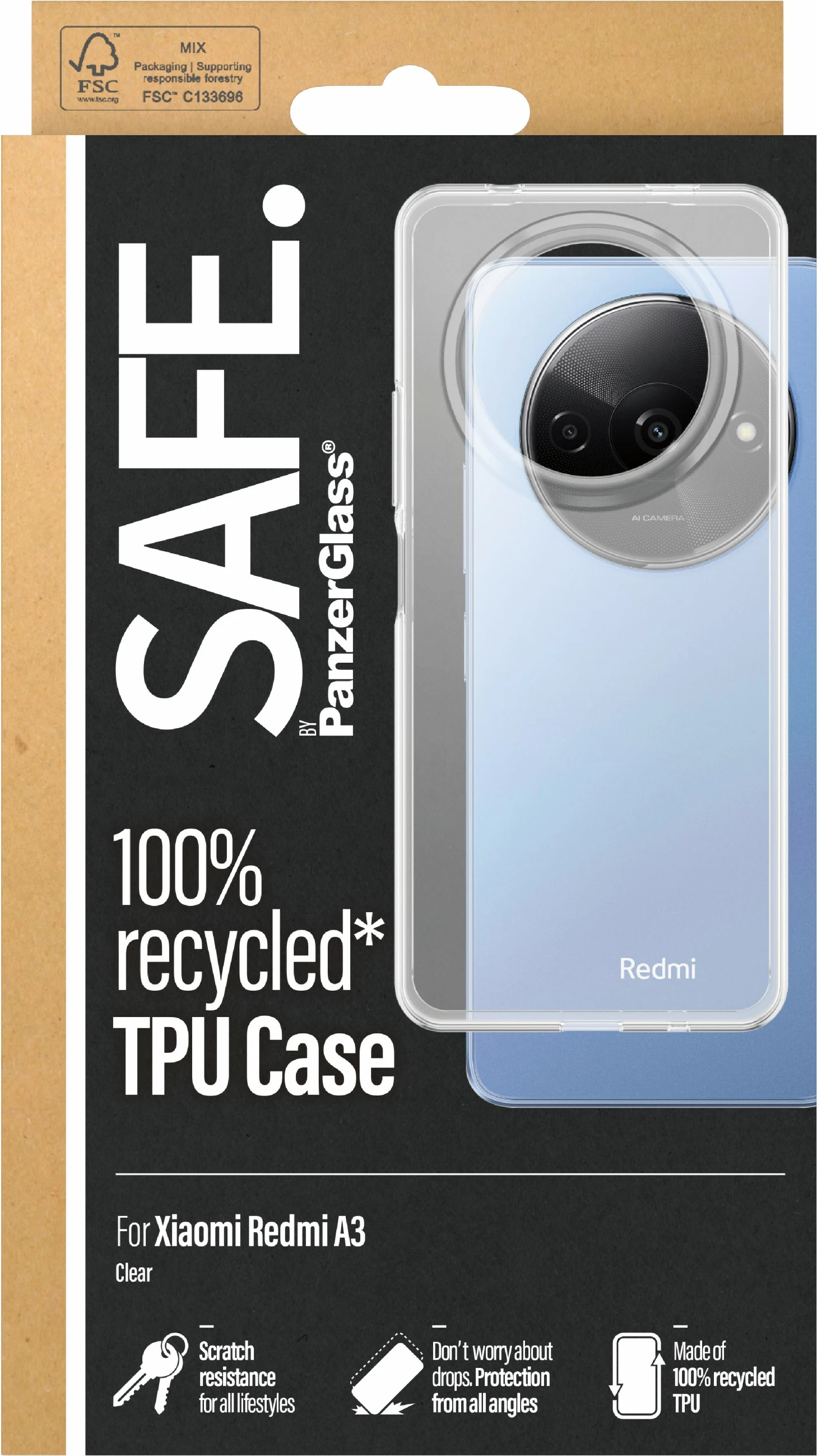Mbështjellës PanzerGlass SAFE TPU për Xiaomi Redmi A3 transparent