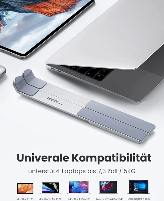 Mbajtëse e palosshme alumini për laptop/tablet UGREEN 40289, rregullim 5 nivele, deri 17.3\", me qese transporti, argjendtë