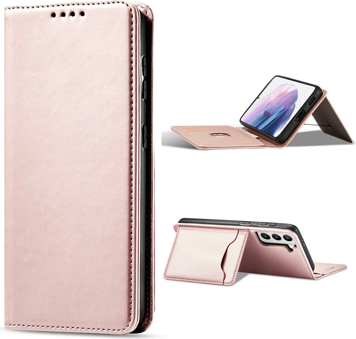 Mbështjellës Hurtel Magnet Card Case për Samsung Galaxy S22+, me kapak, xhep kartelash, rozë