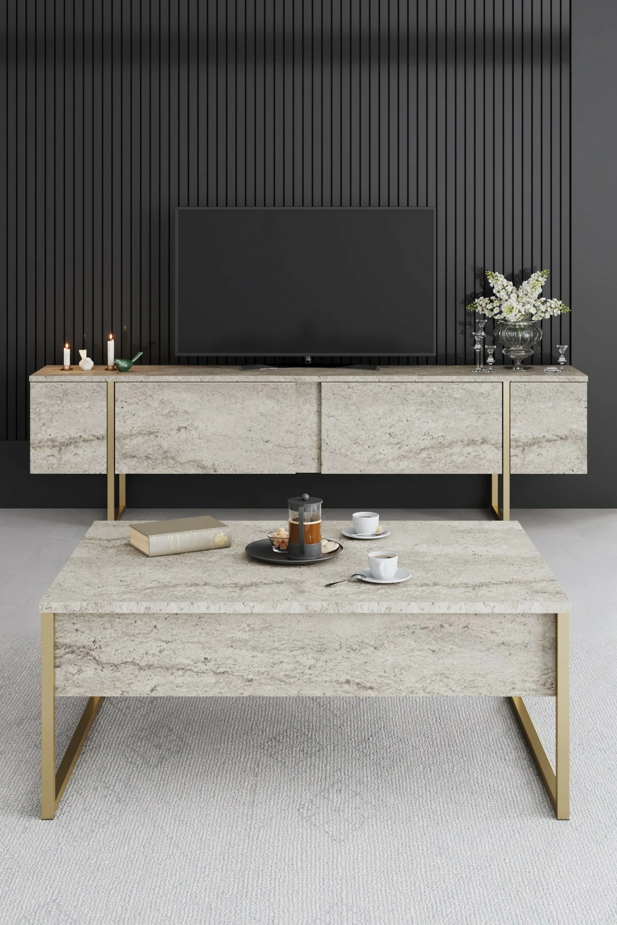 Tavolinë kafeje Hanah Home, Luxe, travertin, ar