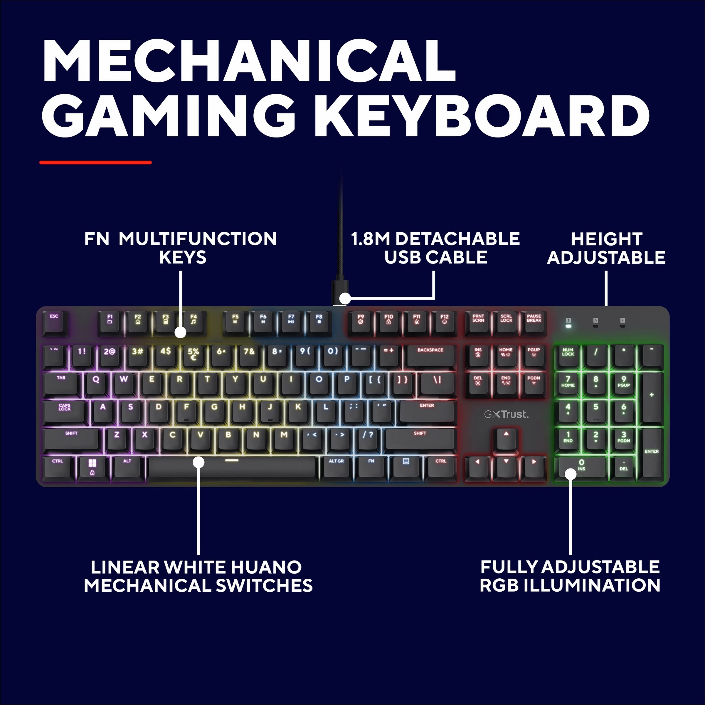 Tastierë mekanike Trust GXT 871 Zora, full-size 100%, USB, RGB, layout gjerman, e zezë