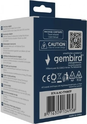 Adapter udhëtimi rryme, Gembird, A-AC-ITMINTF, 10A, universal në prizë italiane 3-pin (CEI 23-50), e bardhë