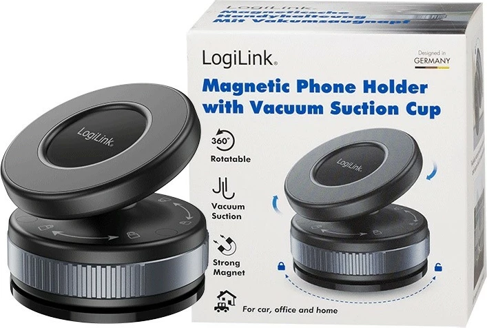 Mbajtës magnetik për celular LogiLink AA0197, MagSafe/Univerzal, rrotullim 360°, me kupë thithëse, i zi